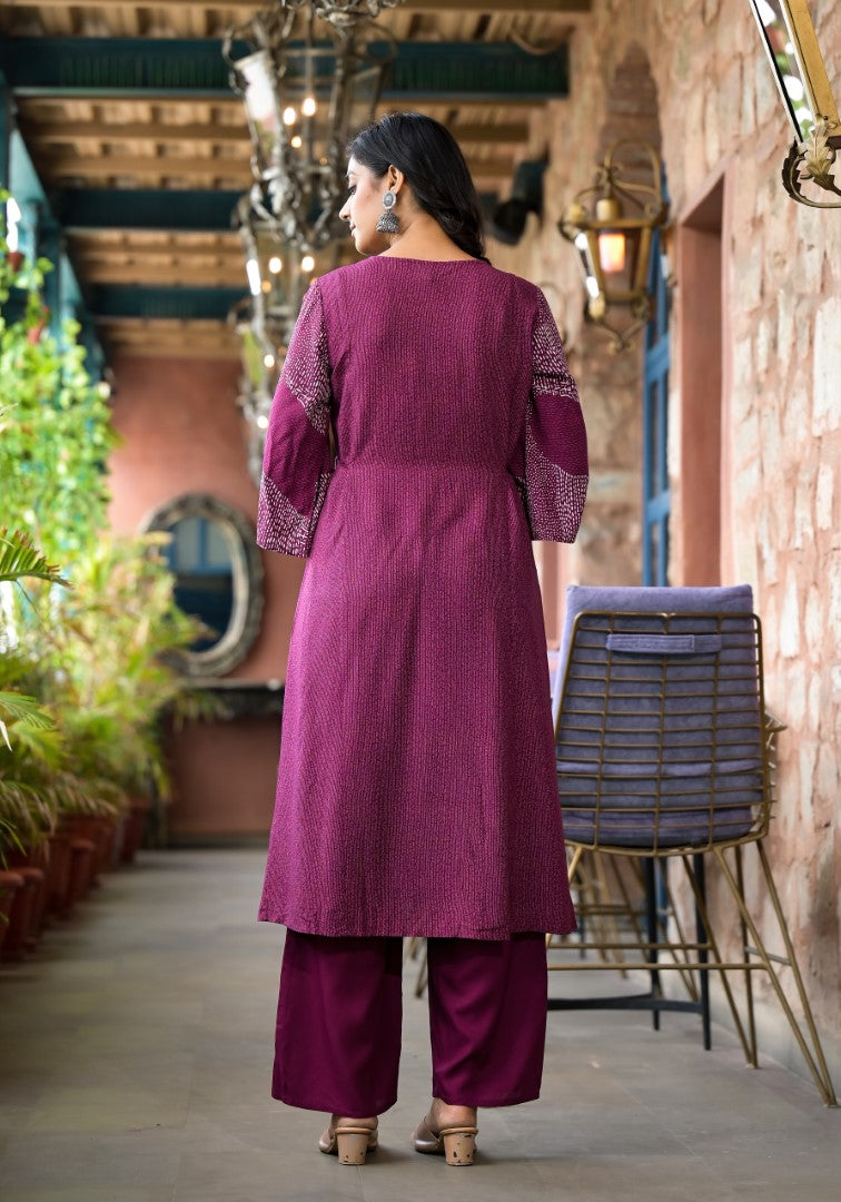 Juniper Women's Wine Abstract Printed Liva Rayon A-Lined Kurta Pant And Dupatta Set With Doris At Waist | Grocsy