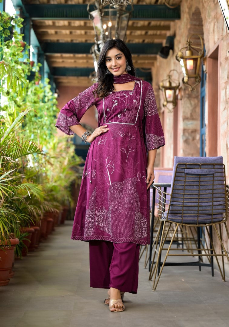 Juniper Women's Wine Abstract Printed Liva Rayon A-Lined Kurta Pant And Dupatta Set With Doris At Waist | Grocsy