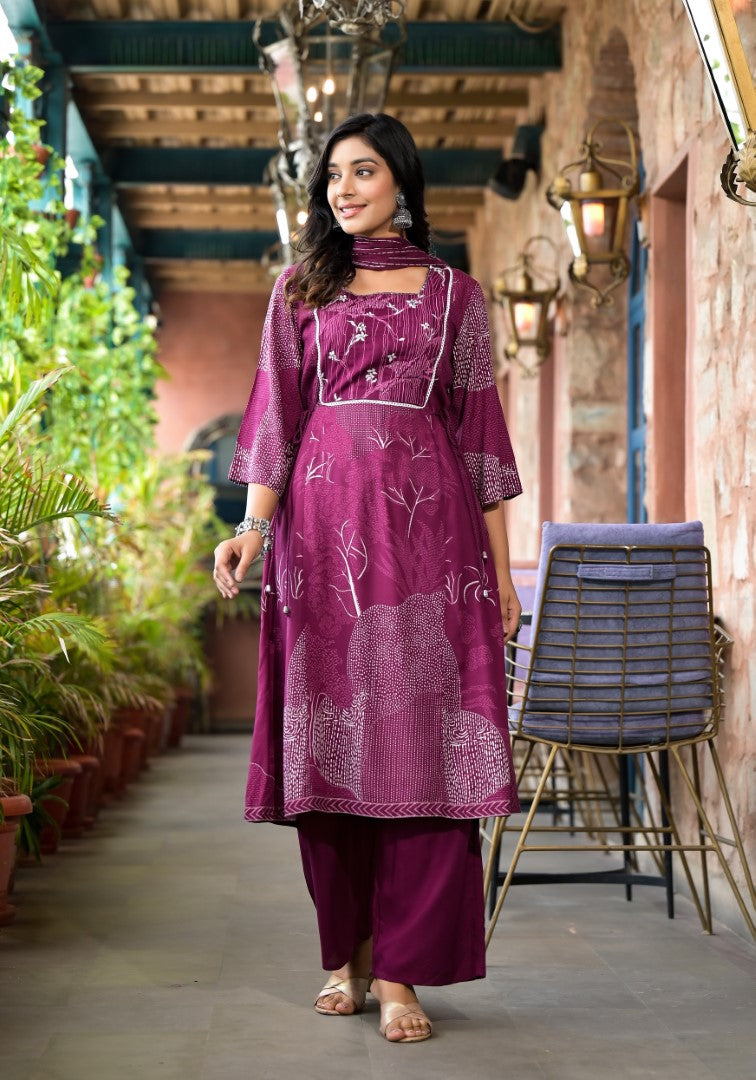 Juniper Women's Wine Abstract Printed Liva Rayon A-Lined Kurta Pant And Dupatta Set With Doris At Waist | Grocsy