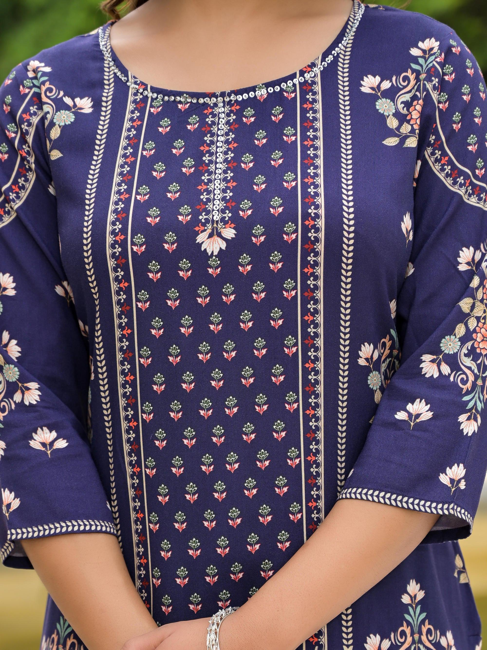 Juniper Women's Blue Viscose Rayon Printed Kurta Set | Grocsy