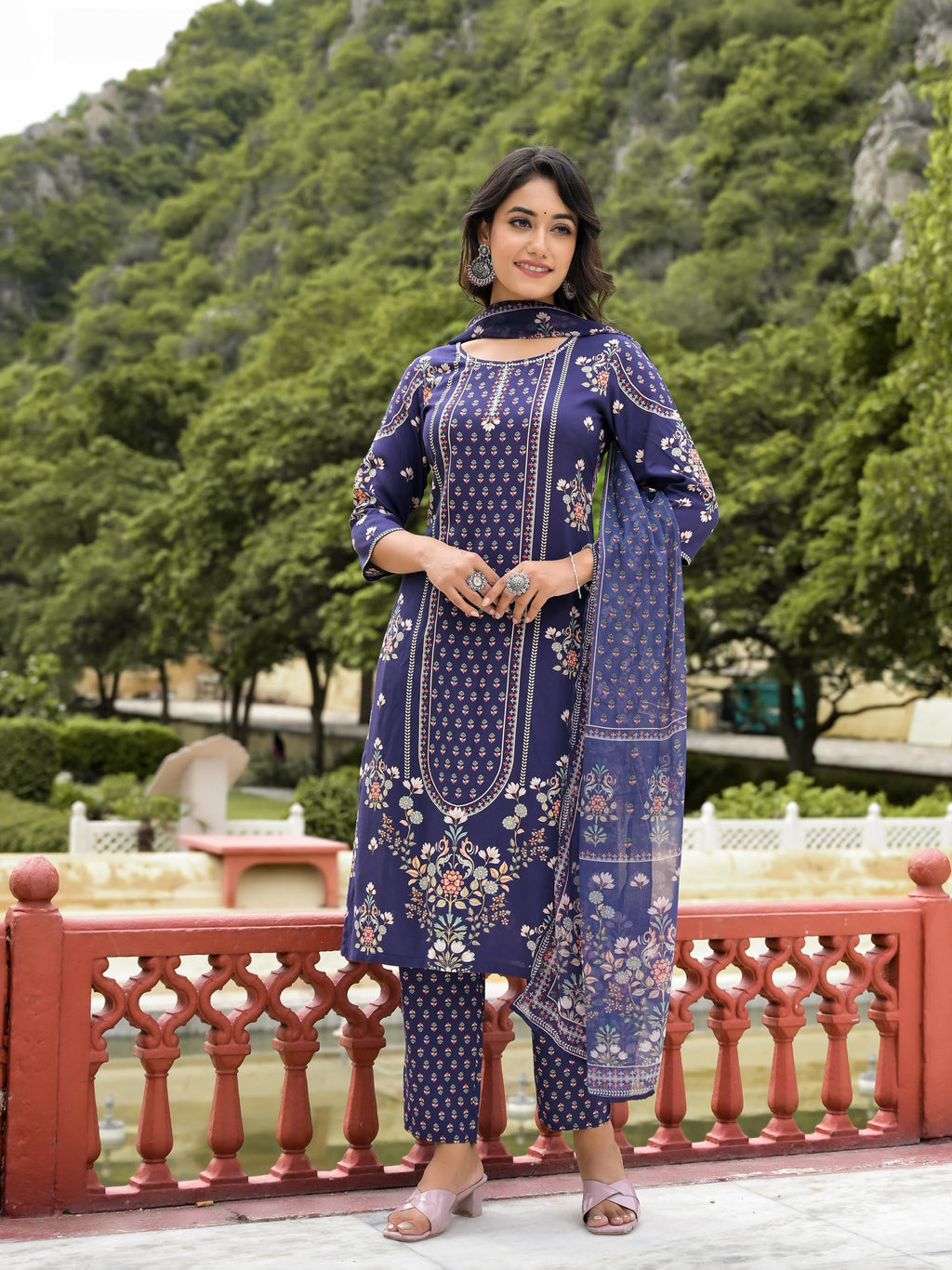Juniper Women's Blue Viscose Rayon Printed Kurta Set | Grocsy