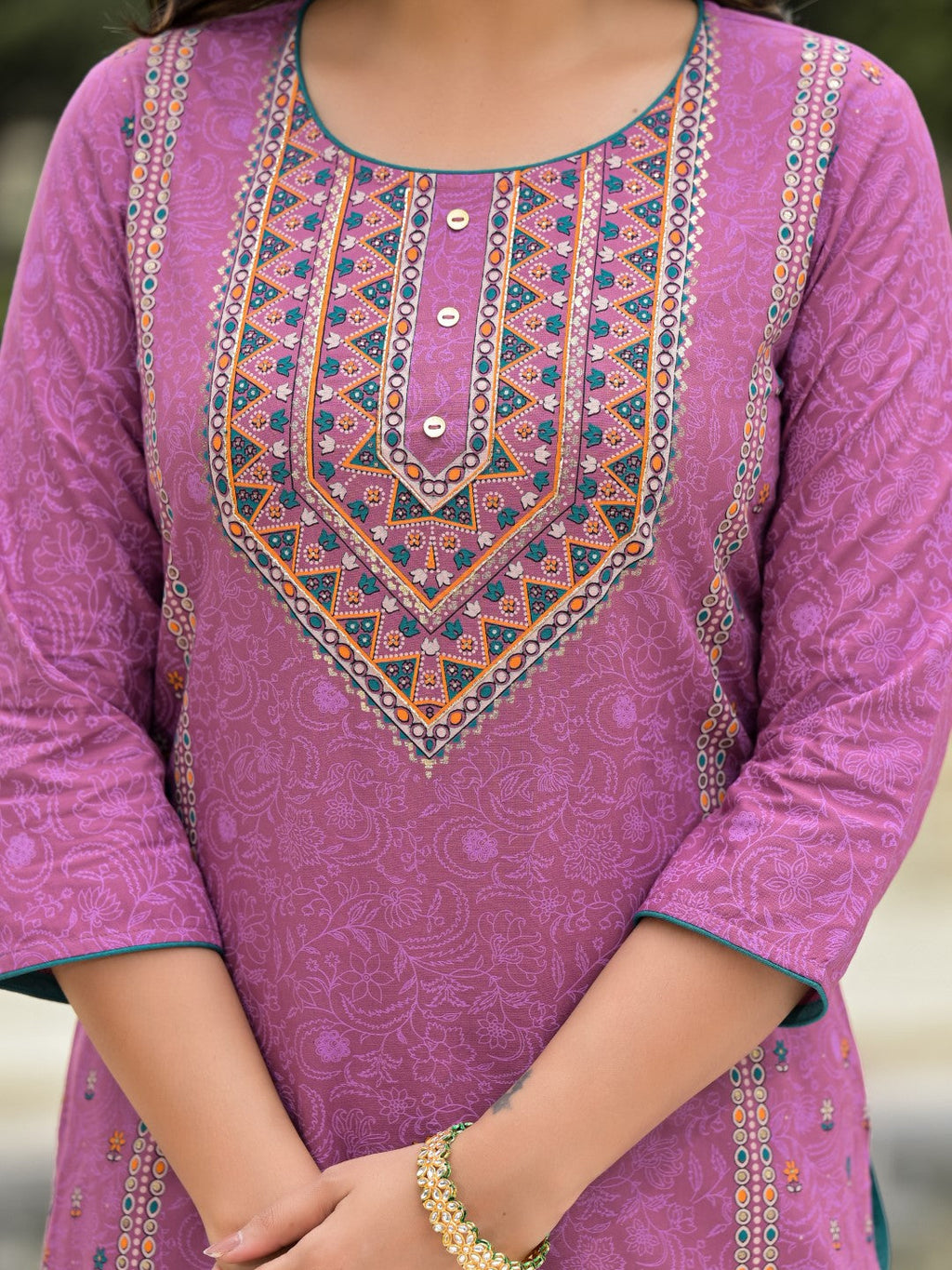 Juniper Women's Lavender Ethnic Motif Printed Liva Rayon Kurta Pant And Dupatta Set With Buttons & Tassels | Grocsy