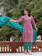 Juniper Women's Lavender Ethnic Motif Printed Liva Rayon Kurta Pant And Dupatta Set With Buttons & Tassels | Grocsy