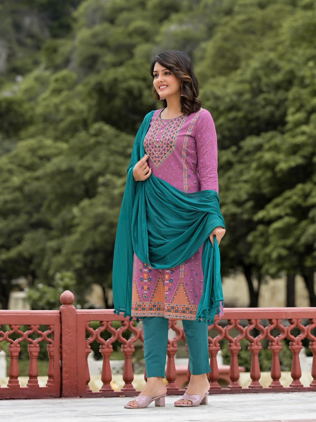 Juniper Women's Lavender Ethnic Motif Printed Liva Rayon Kurta Pant And Dupatta Set With Buttons & Tassels | Grocsy