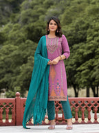 Juniper Women's Lavender Ethnic Motif Printed Liva Rayon Kurta Pant And Dupatta Set With Buttons & Tassels | Grocsy