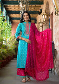 Juniper Women's Turquoise Ethnic Motif Printed Liva Rayon Kurta Pant And Dupatta Set With Zari & Mirror Work | Grocsy