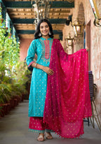 Juniper Women's Turquoise Ethnic Motif Printed Liva Rayon Kurta Pant And Dupatta Set With Zari & Mirror Work | Grocsy