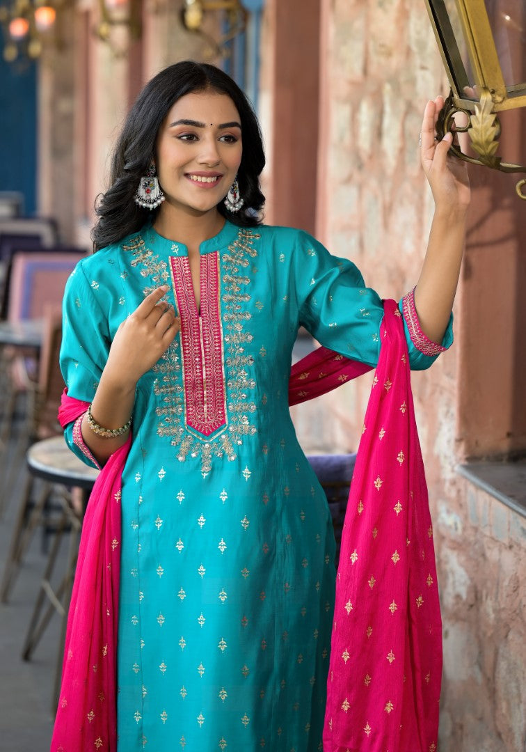 Juniper Women's Turquoise Ethnic Motif Printed Liva Rayon Kurta Pant And Dupatta Set With Zari & Mirror Work | Grocsy