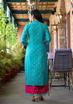 Juniper Women's Turquoise Ethnic Motif Printed Liva Rayon Kurta Pant And Dupatta Set With Zari & Mirror Work | Grocsy
