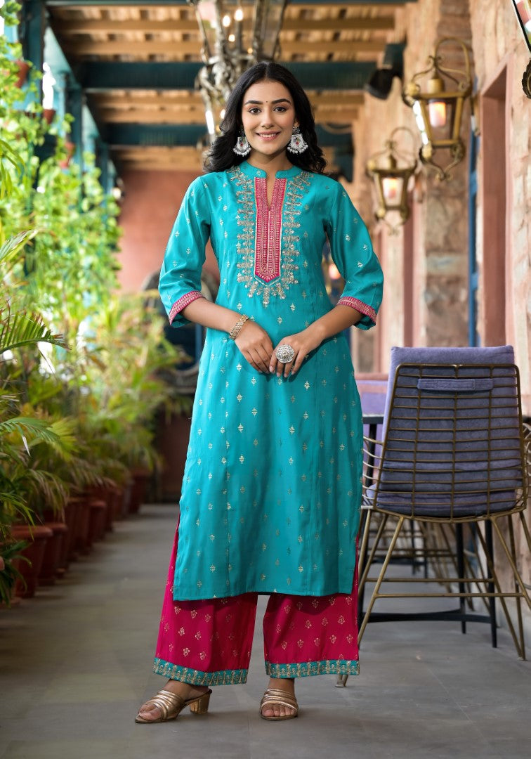 Juniper Women's Turquoise Ethnic Motif Printed Liva Rayon Kurta Pant And Dupatta Set With Zari & Mirror Work | Grocsy