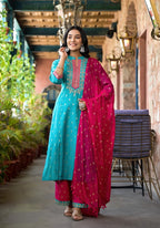 Juniper Women's Turquoise Ethnic Motif Printed Liva Rayon Kurta Pant And Dupatta Set With Zari & Mirror Work | Grocsy