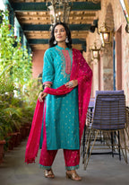 Juniper Women's Turquoise Ethnic Motif Printed Liva Rayon Kurta Pant And Dupatta Set With Zari & Mirror Work | Grocsy