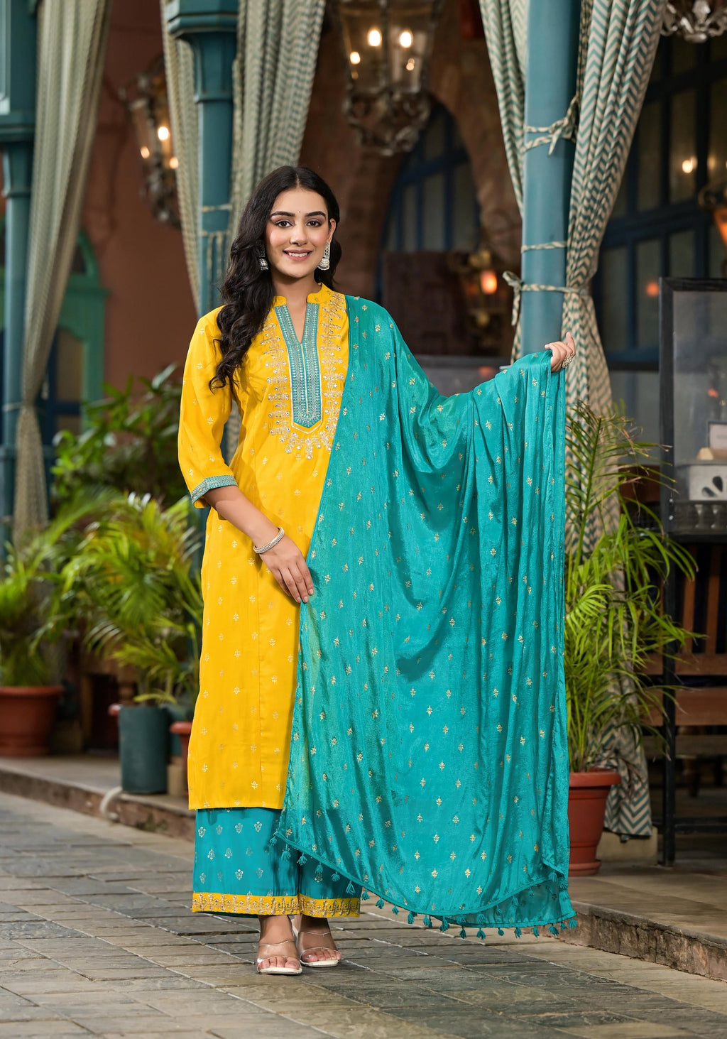 Juniper Women's Yellow Viscose Rayon Embroidered Kurta Set | Grocsy