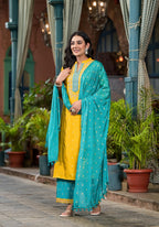 Juniper Women's Yellow Viscose Rayon Embroidered Kurta Set | Grocsy