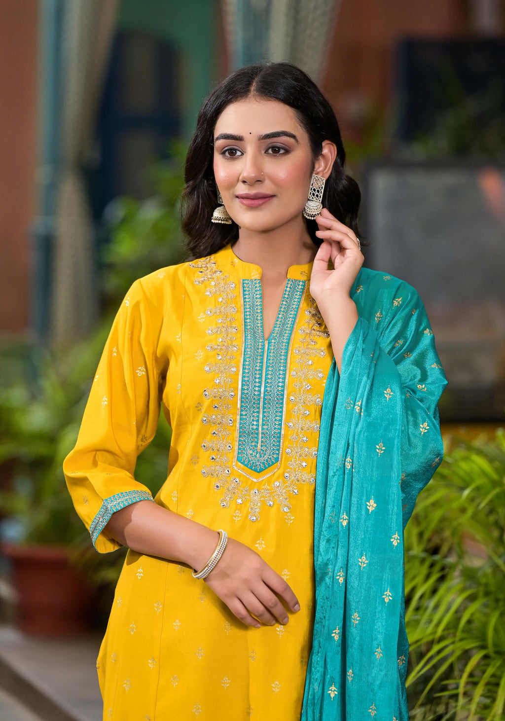 Juniper Women's Yellow Viscose Rayon Embroidered Kurta Set | Grocsy