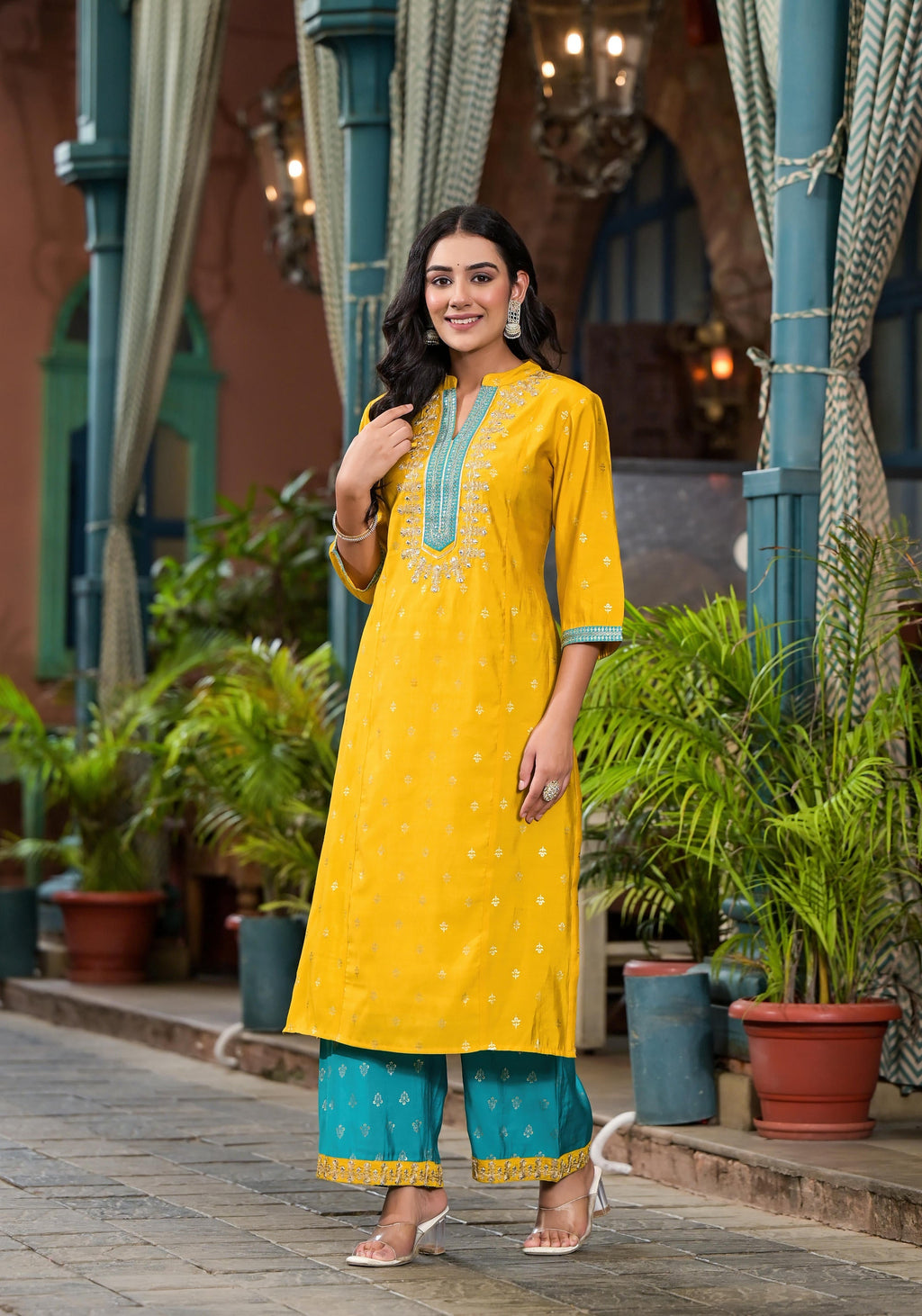 Juniper Women's Yellow Viscose Rayon Embroidered Kurta Set | Grocsy