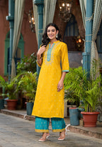 Juniper Women's Yellow Viscose Rayon Embroidered Kurta Set | Grocsy