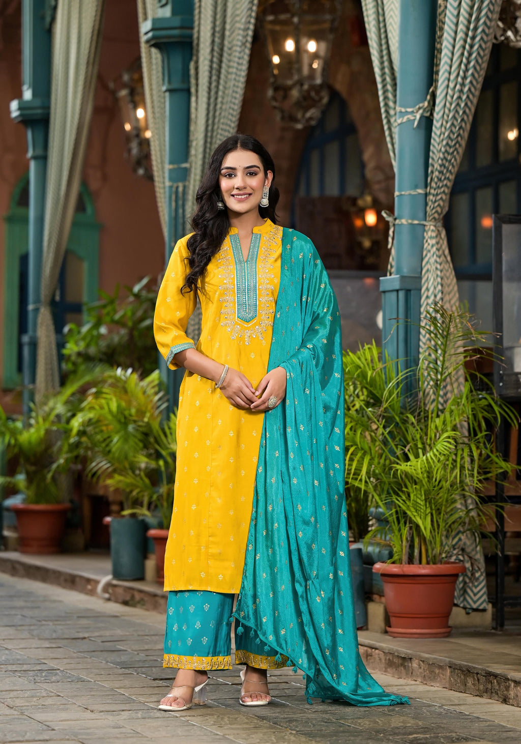 Juniper Women's Yellow Viscose Rayon Embroidered Kurta Set | Grocsy