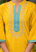 Juniper Women's Yellow Viscose Rayon Embroidered Kurta Set | Grocsy