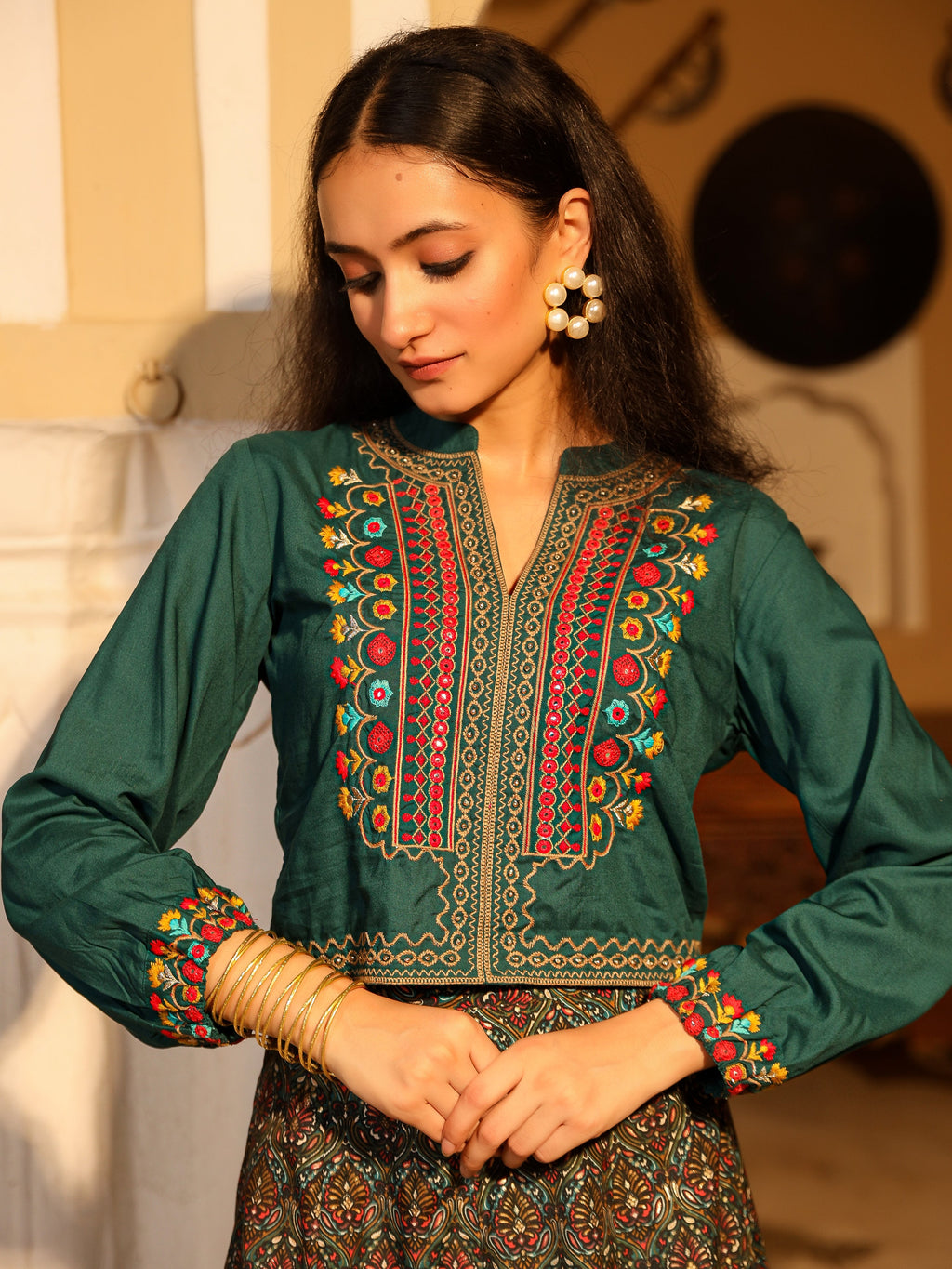 Juniper Women's Blue Viscose Rayon Embroidered Top & Skirt | Grocsy