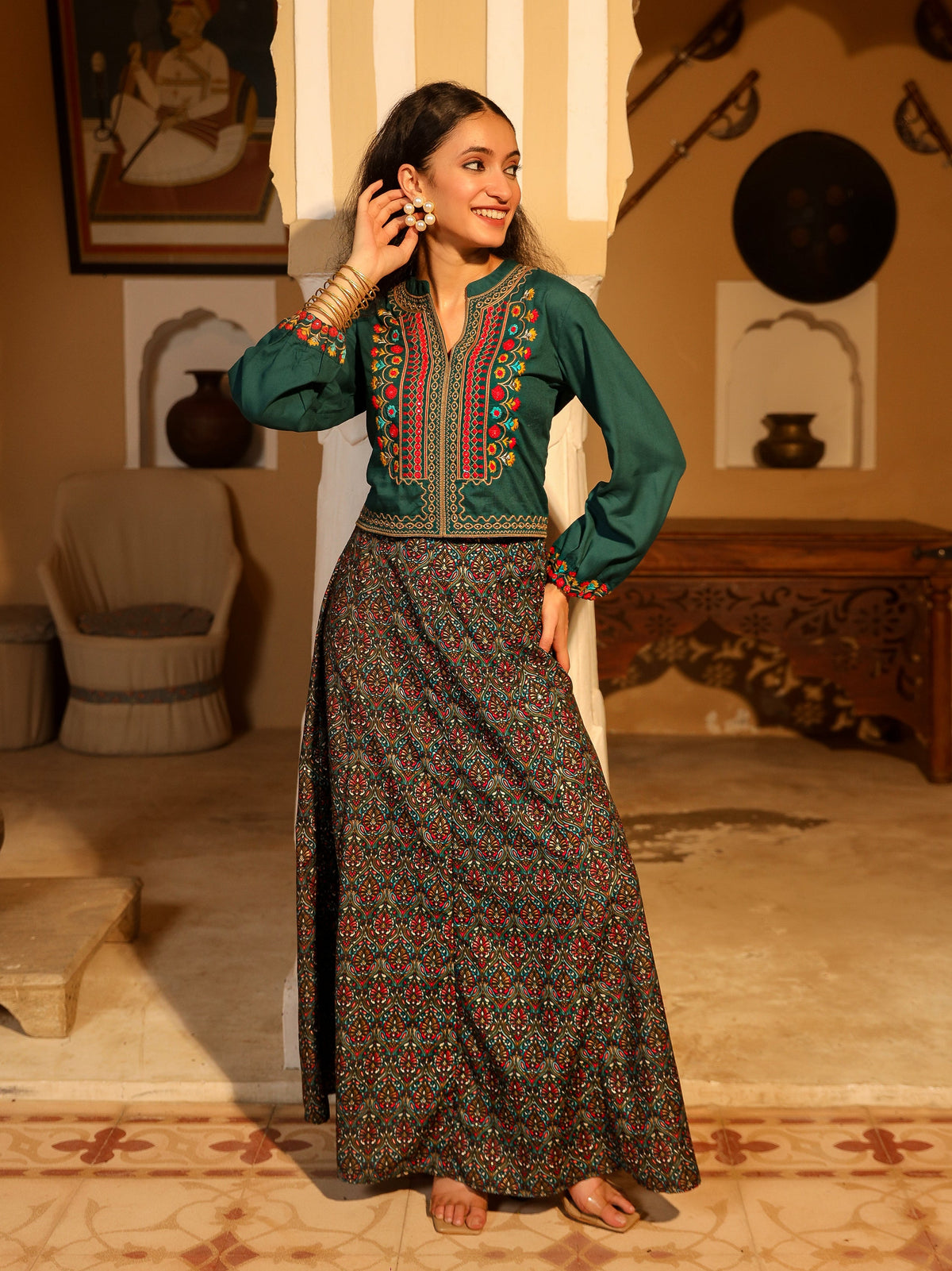Juniper Women's Blue Viscose Rayon Embroidered Top & Skirt | Grocsy
