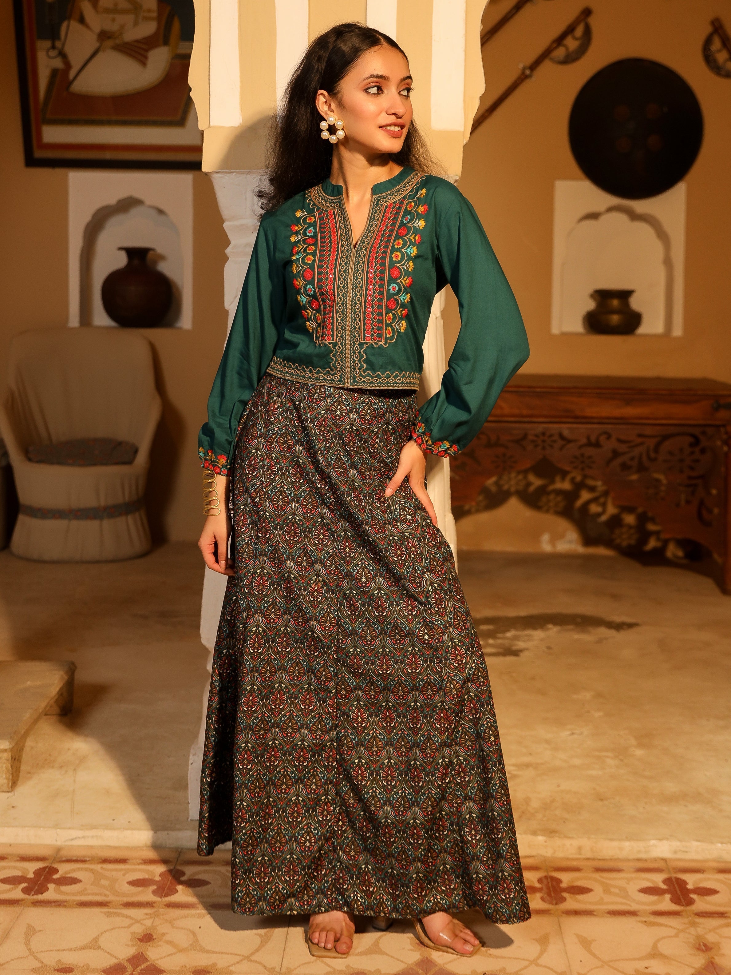 Juniper Women's Blue Viscose Rayon Embroidered Top & Skirt | Grocsy