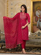 Juniper Women's Women Red Printed Straight Kurta Pants & Dupatta Set | Grocsy
