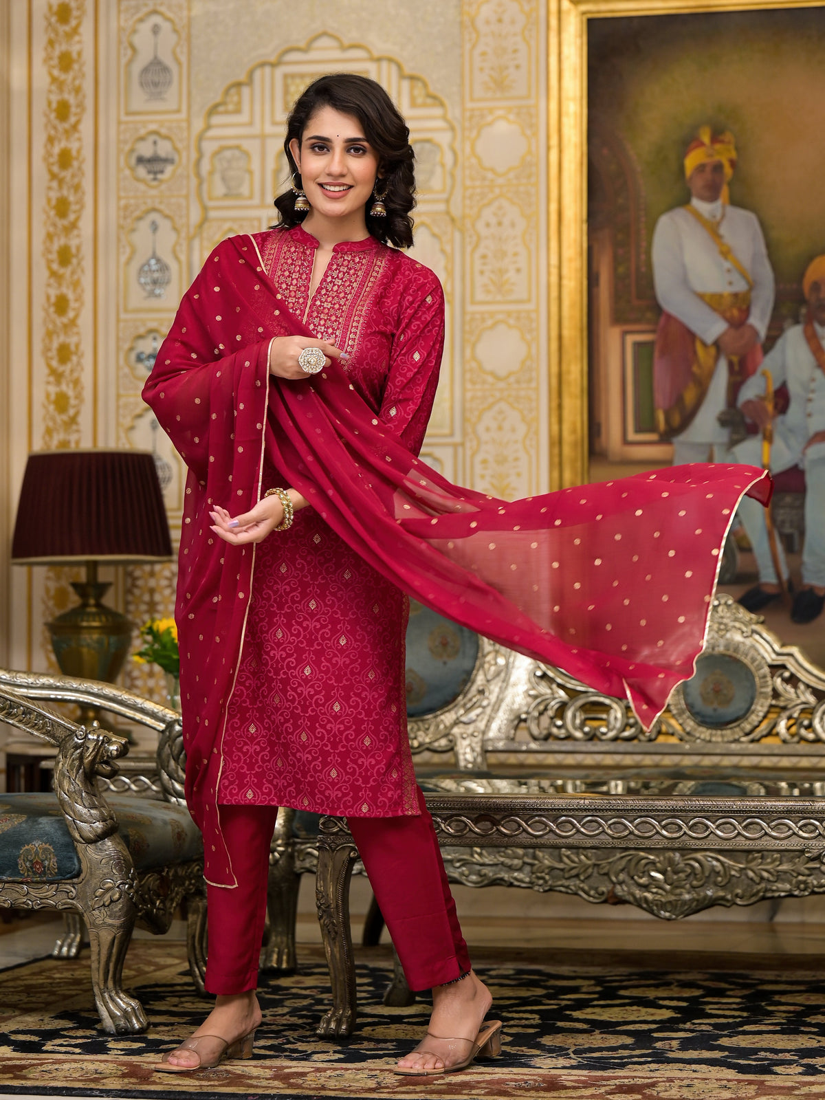 Juniper Women's Women Red Printed Straight Kurta Pants & Dupatta Set | Grocsy