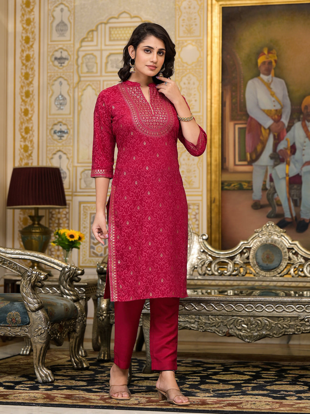 Juniper Women's Women Red Printed Straight Kurta Pants & Dupatta Set | Grocsy