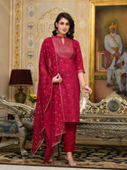 Juniper Women's Women Red Printed Straight Kurta Pants & Dupatta Set | Grocsy
