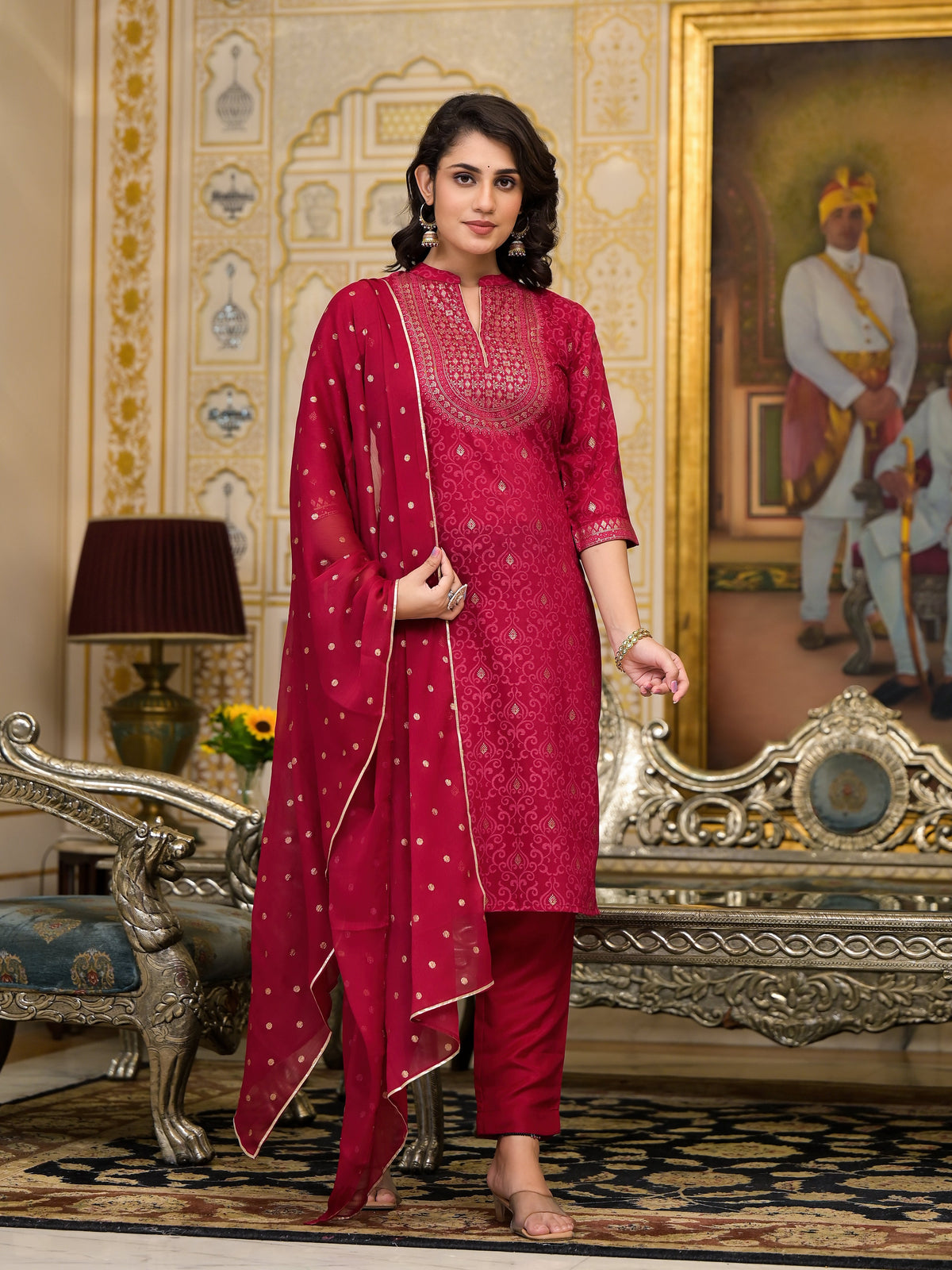 Juniper Women's Women Red Printed Straight Kurta Pants & Dupatta Set | Grocsy