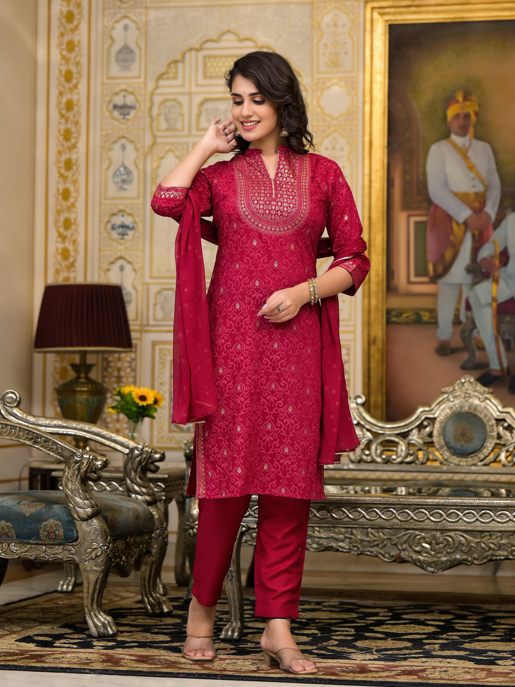 Juniper Women's Women Red Printed Straight Kurta Pants & Dupatta Set | Grocsy