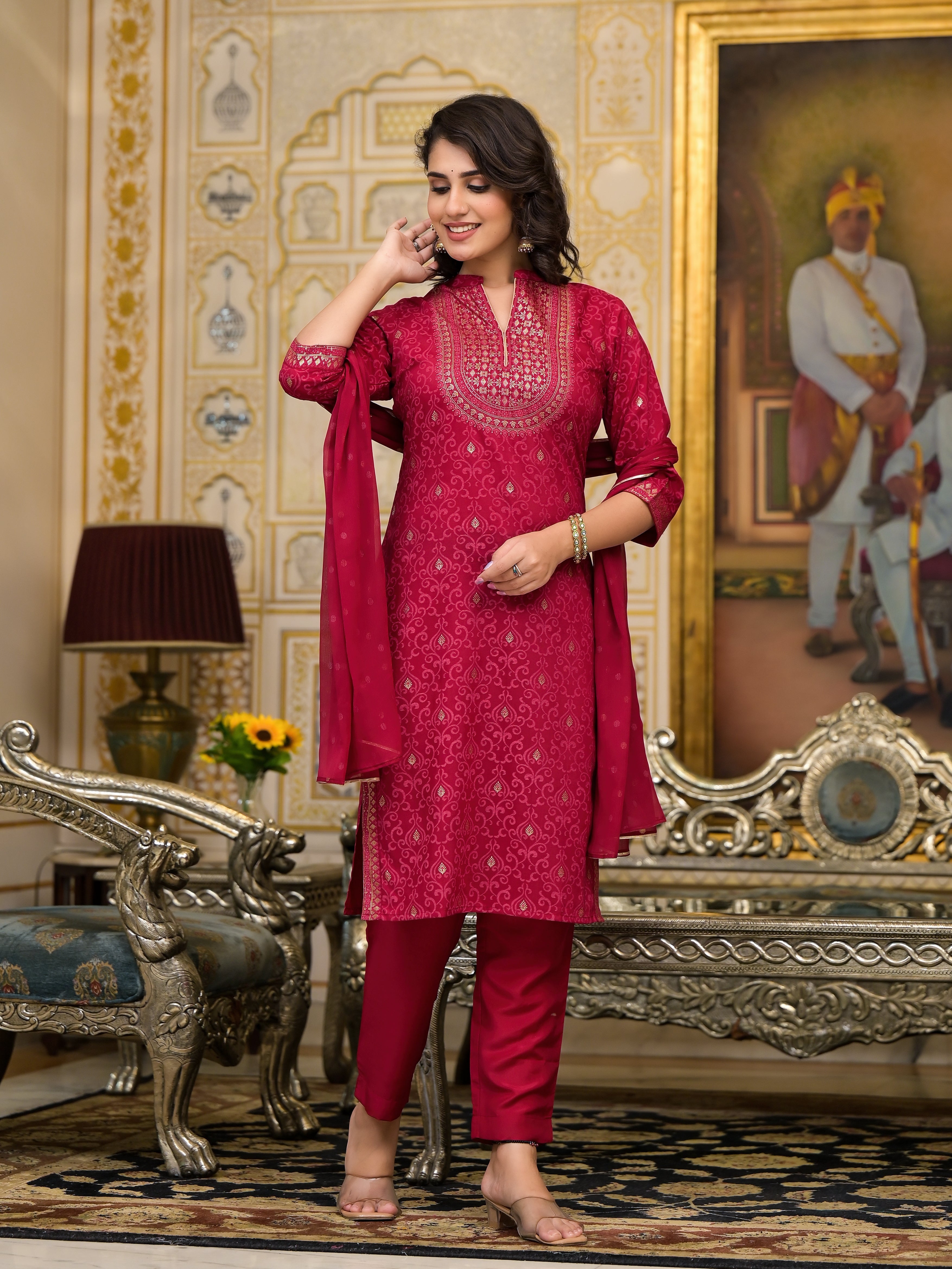 Juniper Women's Women Red Printed Straight Kurta Pants & Dupatta Set | Grocsy
