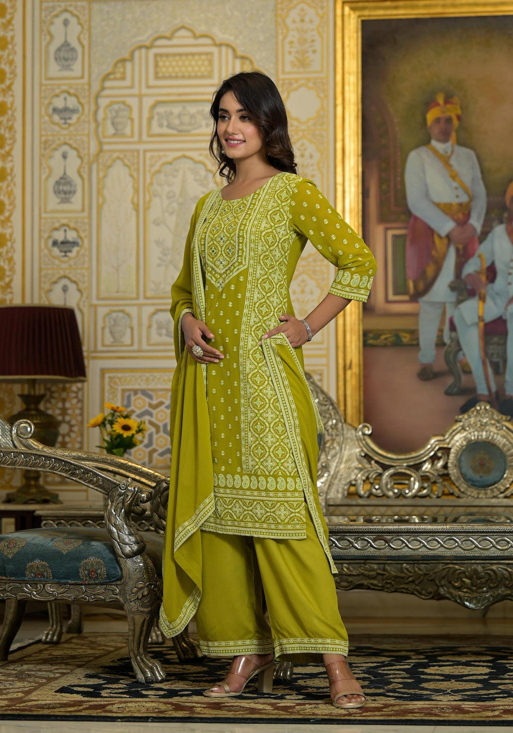 Juniper Women's Green Georgette Embroidered Kurta Set | Grocsy