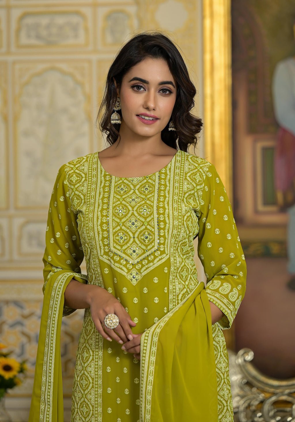 Juniper Women's Green Georgette Embroidered Kurta Set | Grocsy