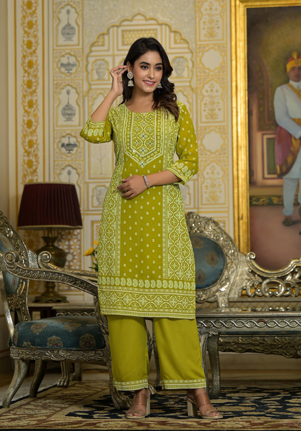 Juniper Women's Green Georgette Embroidered Kurta Set | Grocsy