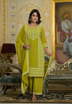 Juniper Women's Green Georgette Embroidered Kurta Set | Grocsy