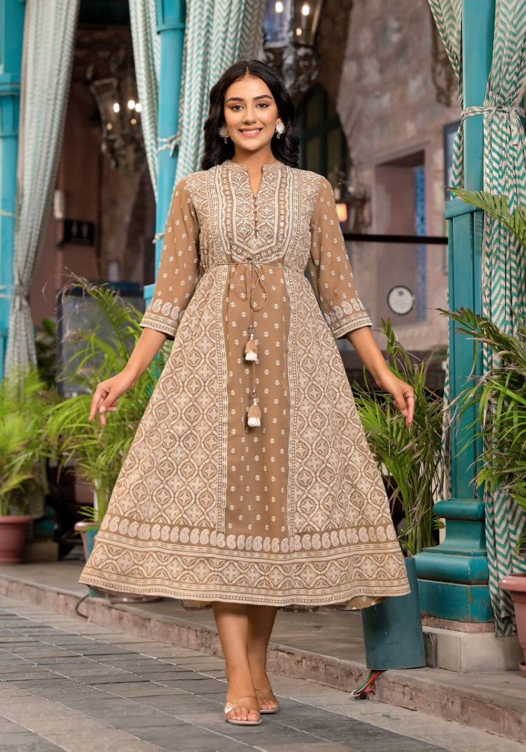 Juniper Women's Brown Ethnic Motif Printed Georgette A-Lined Dress With Sequins & Doris | Grocsy