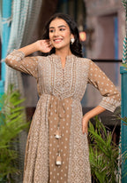 Juniper Women's Brown Ethnic Motif Printed Georgette A-Lined Dress With Sequins & Doris | Grocsy