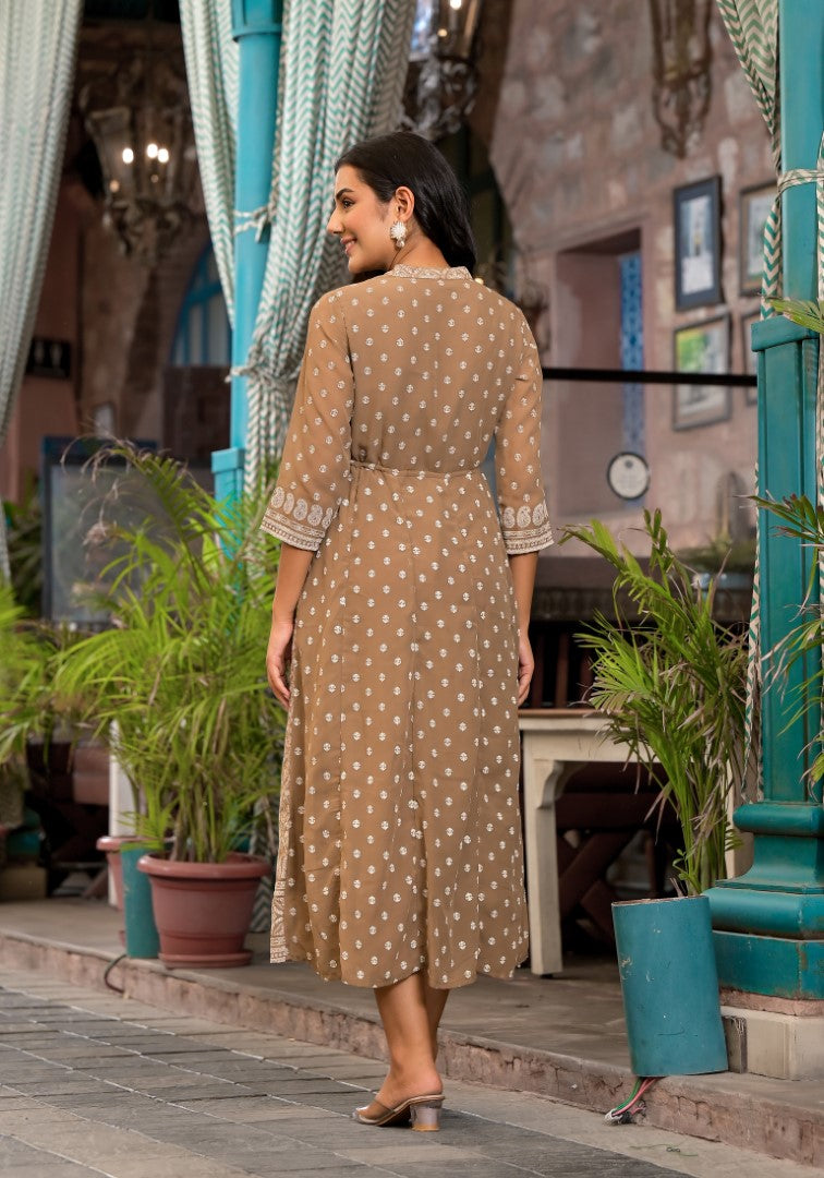 Juniper Women's Brown Ethnic Motif Printed Georgette A-Lined Dress With Sequins & Doris | Grocsy