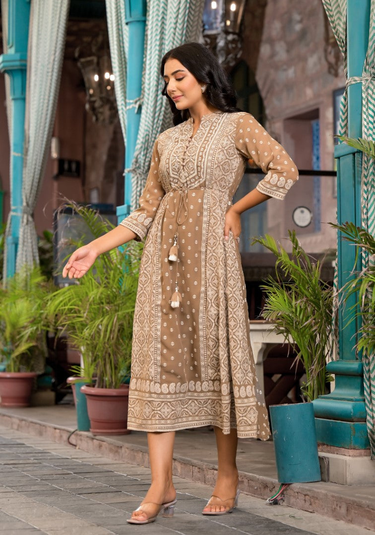 Juniper Women's Brown Ethnic Motif Printed Georgette A-Lined Dress With Sequins & Doris | Grocsy