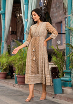 Juniper Women's Brown Ethnic Motif Printed Georgette A-Lined Dress With Sequins & Doris | Grocsy