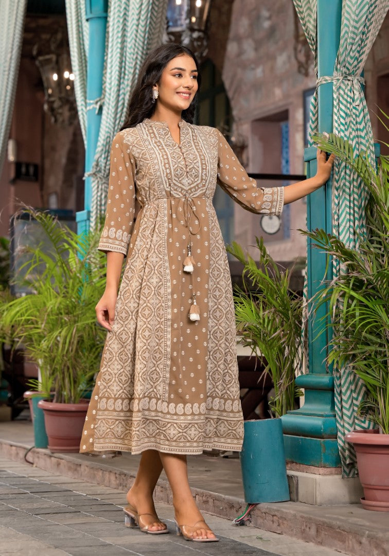Juniper Women's Brown Ethnic Motif Printed Georgette A-Lined Dress With Sequins & Doris | Grocsy