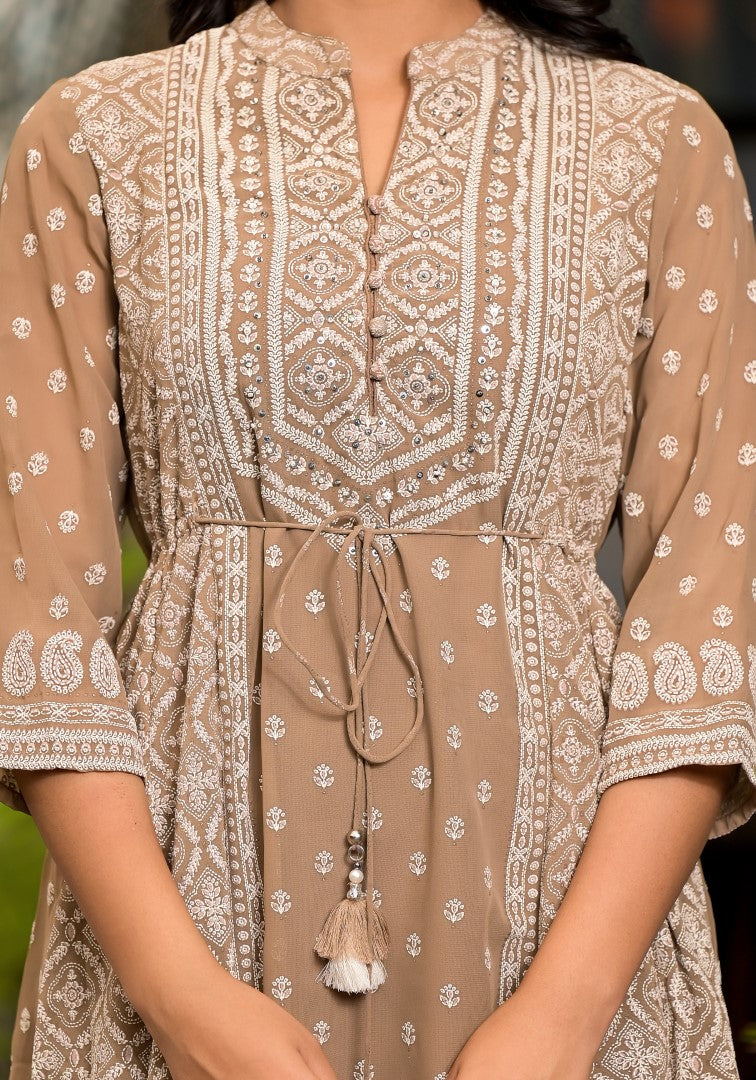 Juniper Women's Brown Ethnic Motif Printed Georgette A-Lined Dress With Sequins & Doris | Grocsy