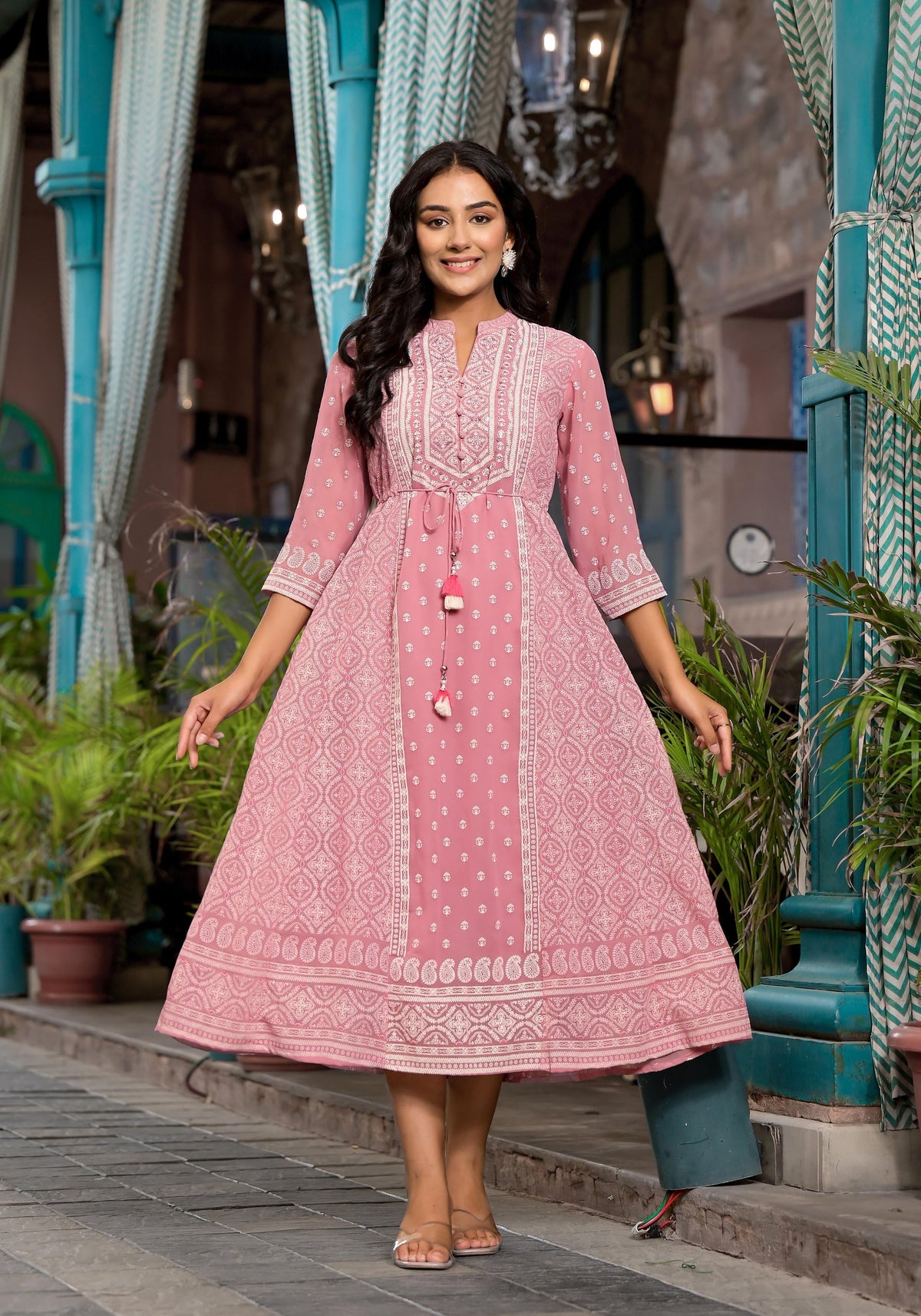 Juniper Pink Ethnic Motif Printed Georgette A-Lined Dress With Sequins & Doris | Grocsy