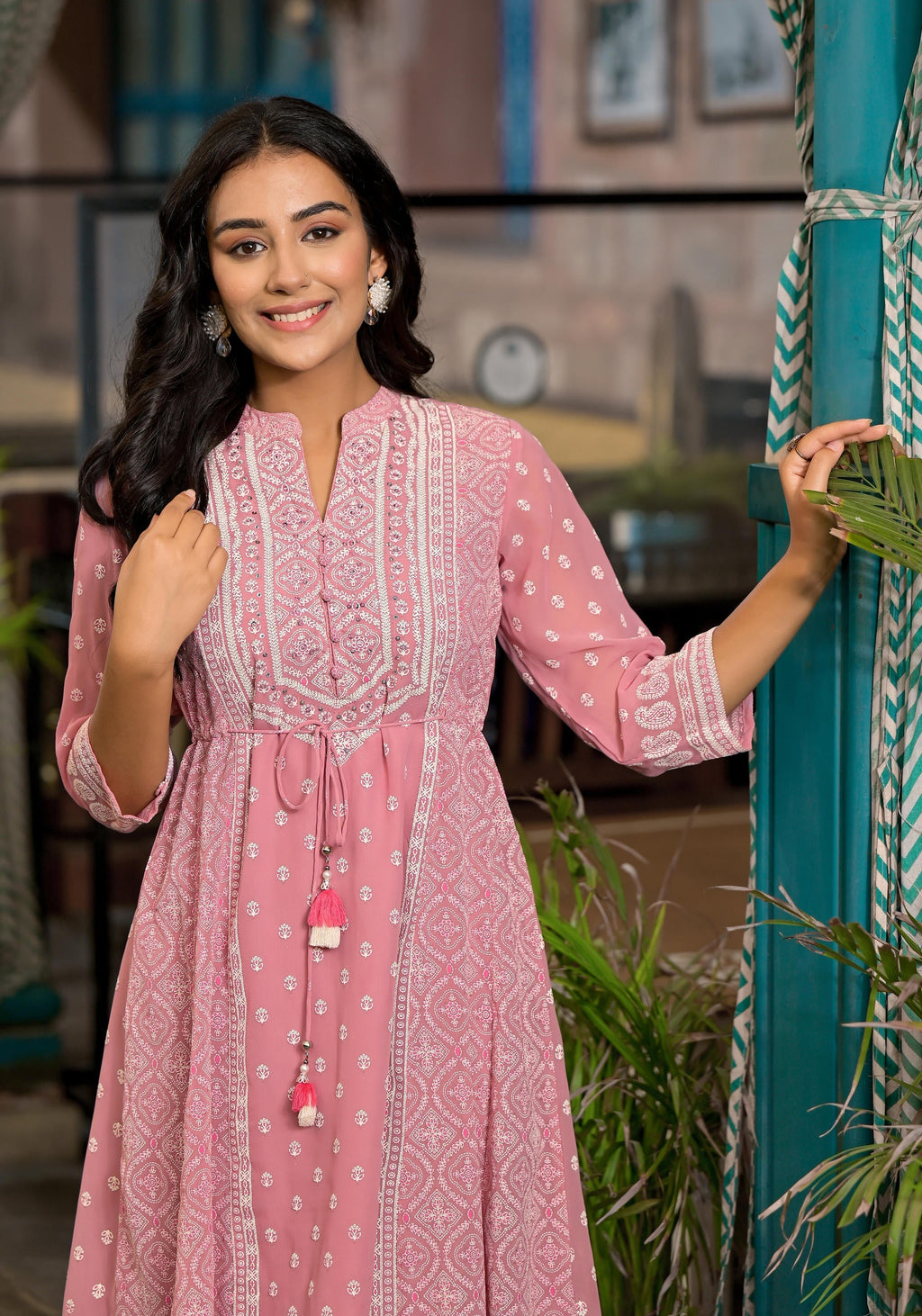 Juniper Pink Ethnic Motif Printed Georgette A-Lined Dress With Sequins & Doris | Grocsy