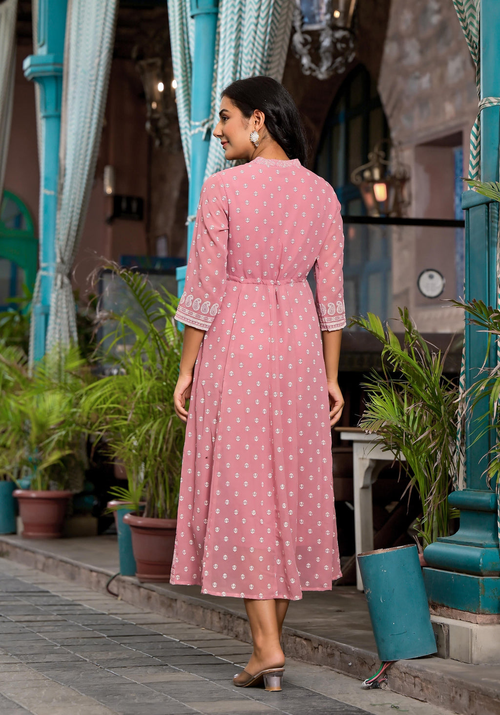 Juniper Pink Ethnic Motif Printed Georgette A-Lined Dress With Sequins & Doris | Grocsy