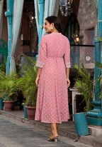 Juniper Pink Ethnic Motif Printed Georgette A-Lined Dress With Sequins & Doris | Grocsy