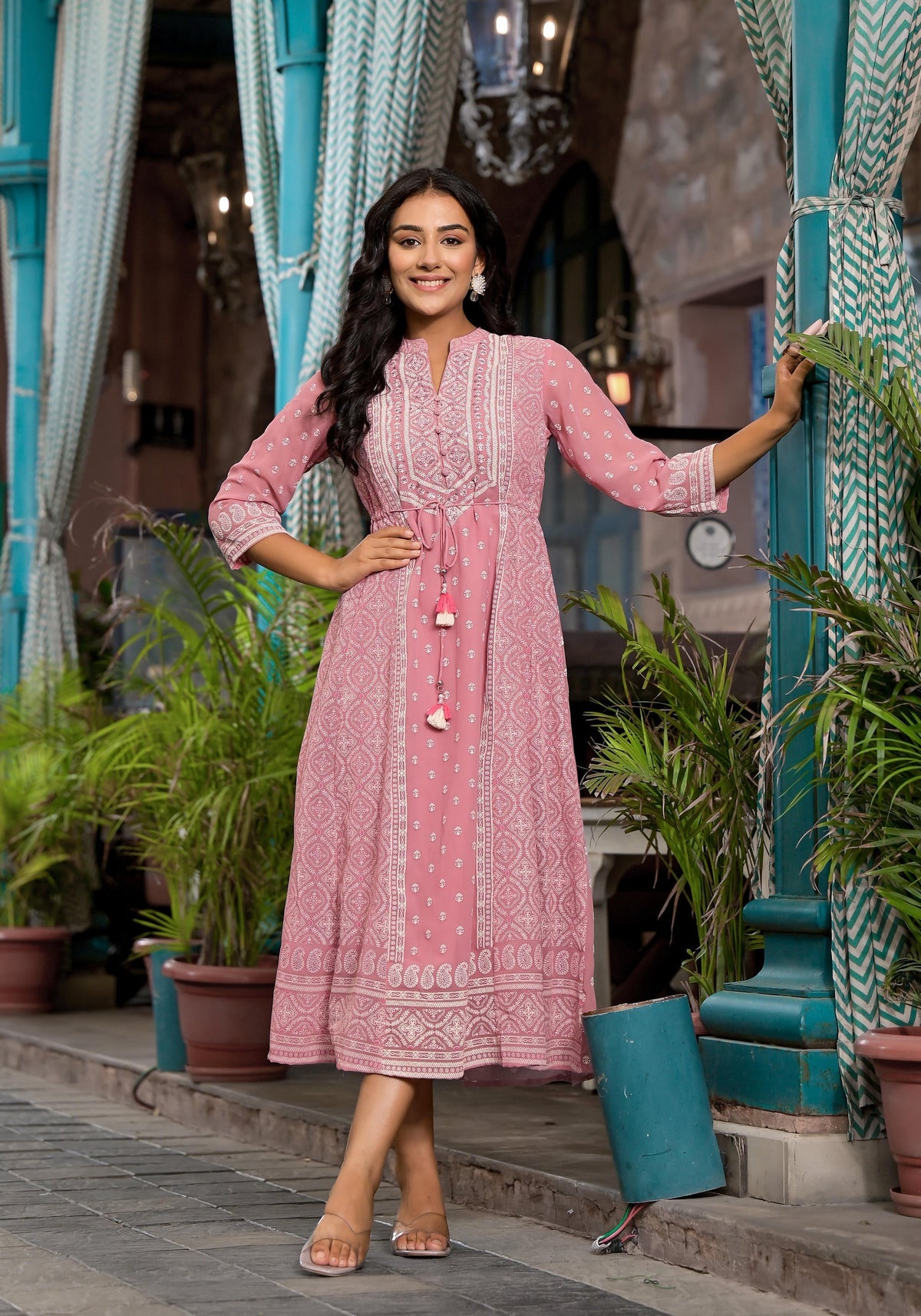 Juniper Pink Ethnic Motif Printed Georgette A-Lined Dress With Sequins & Doris | Grocsy