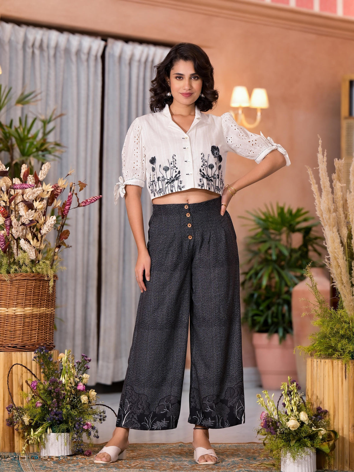 Juniper Women's Black Pure Cotton Embroidered Top Set | Grocsy